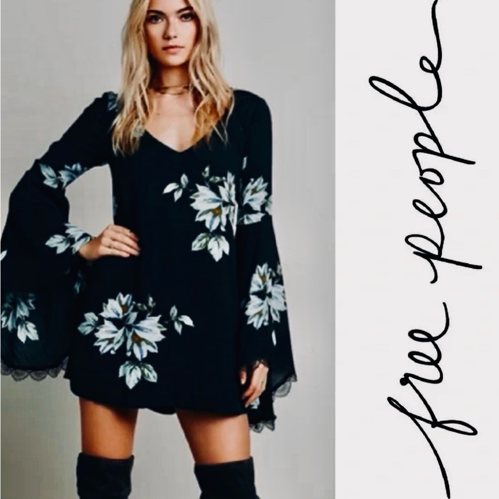 Free People Black Floral Long Sleeve Dress